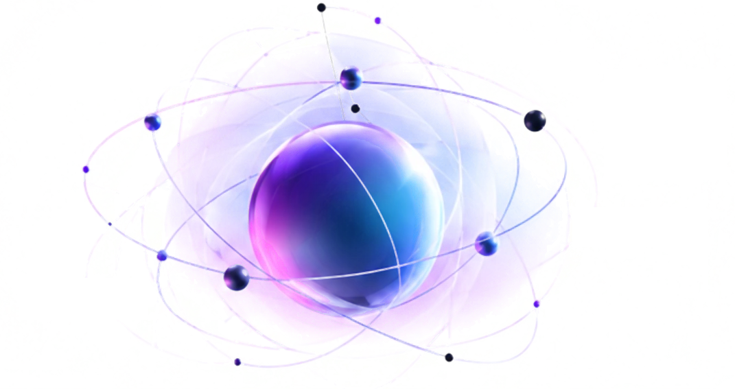 A glossy violet-to-blue sphere circled by orbit rings and small planets